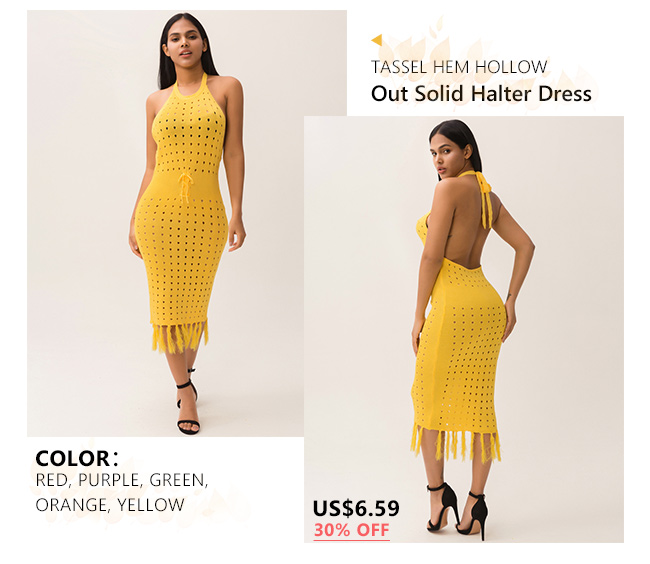 Tassel Hem Hollow Out Solid Halter Dress