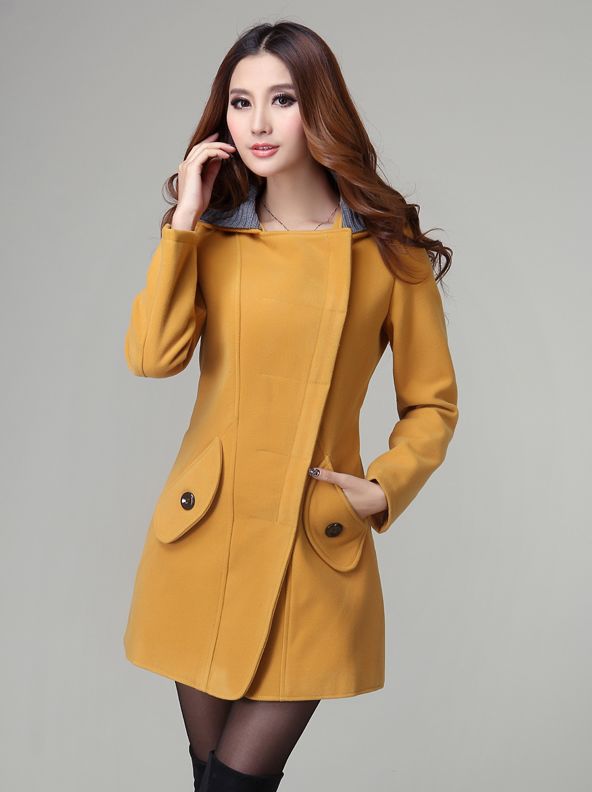 Women Fashion Camel Wool Yellow Hooded Long Coat