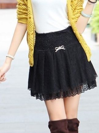 Cute Girls Hook Flower Bowknot Ruffled Lace Mini Skirt