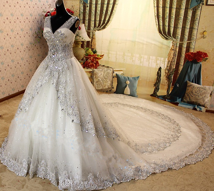Ball-Gown V-neck Royal Train Tulle Wedding Dress With Crystal Beadwork