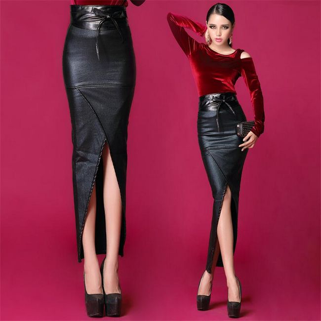 Fashion EU Style Front Slit Velvet Thickening Leather Sexy Long Skirt