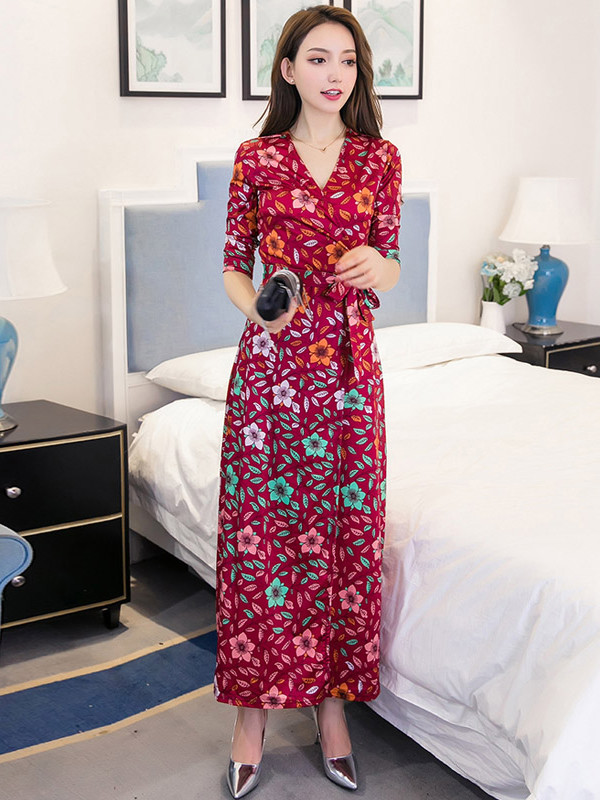 Wholesale Korean Style Chic Slit Floral Maxi Dresses CFG032409RD ...